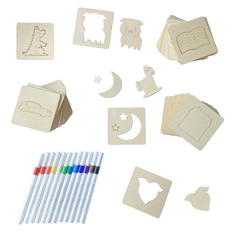 Zzcy Lot de 60 Pochoirs à Dessin en Bois Réutilisables pour Enfants Modèles Éducatifs avec 12 Crayons Aquarelle pour Bricolage