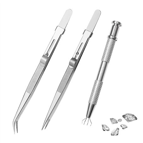Lot de 3 Pinces à Épiler Avec Pointe en Pierre Précieuse - Outils de Perçage en Acier Inoxydable Pour Bijoux