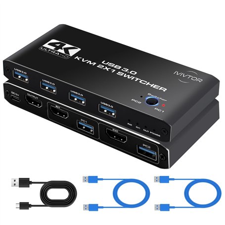 IVIVTOR Commutateur KVM USB 3.0: 4K@60Hz KVM Switch Brancher 2 PC Sur 1 Ecran - 4 USB Ports Pour Clavier Souris Clé Disque Dur E