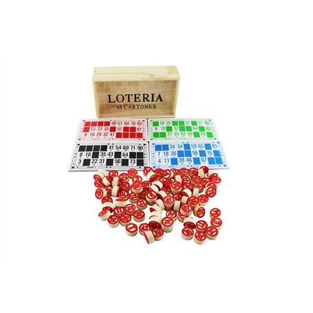ISDI Jeux de Bingo Loterie 48 cartons et 90 jetons à 2 faces et boîte de rangement en bois
