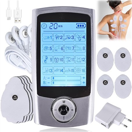Appareil TENS - 16 modes - Électrodes de stimulation rechargeables contre la douleur - 16 programmes d'entraînement - 20 niveaux