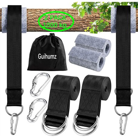 Guihumz Fixation de Balançoire pour Hamac pour Arbres 2 x 150 cm avec 2 Mousquetons Lourds et Anneaux en D