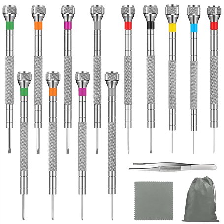 16 Pièces Tournevis Precision Réparation Outils Kit Horloger avec Pincettes Chiffon Et Sac De Rangement