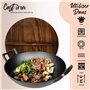 NutriChef Wok en Fonte-Pré-assaisonnée de 5,5 L - Poêle - Couvercle en Bois - Compatible avec Plaques de Cuisson Électriques et