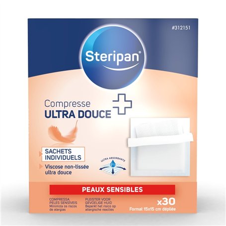 Steripan - Compresse Ultra Douce - Peaux Sensibles - Non Tissée - Sachets Individuels - Ultra Absorbante - 15x15cm x30