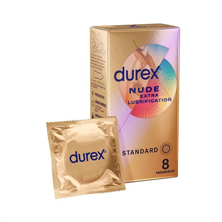Durex - Préservatifs Nude Extra Lubrification - 8 Préservatifs Homme Ultra Fins et Extra Lubrifiés