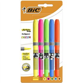 BIC Highlighter Grip Decor Surligneurs Pointe Biseautée - Couleurs Assorties, Blister de 5 BIC Highlighter Grip Decor Surligneurs Pointe Biseautée - Couleurs Assorties