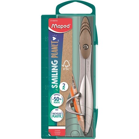 Maped - Coffret compas Study Smiling Planet à Bague universelle - Le compas responsable - Chape et vis composées à 50% de Fibres