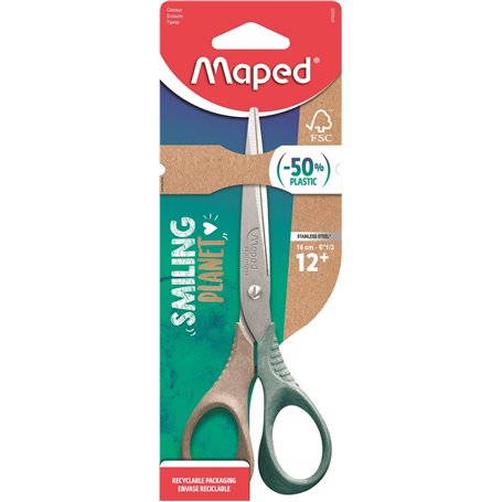Maped - Ciseaux Shape Smiling Planet - Ciseaux Responsables - Stabilité et Précision - Anneaux 50% Fibre de Bois Certifié FSC -