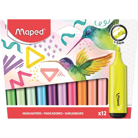 Maped - 12 Surligneurs Fluo’Peps Classic aux Couleurs Éclatantes - Surligneurs Longue Durée pour Usage Scolaire et Professionnel