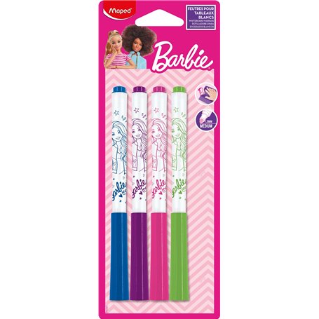 Maped – 4 Marqueurs fins effaçables Marker’Peps - Feutres fins effaçables à sec Barbie- Ardoises et Tableaux Blancs - 4 couleurs