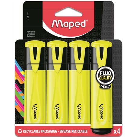Maped - Surligneurs Fluo’Peps Classic - Surligneurs Longue Durée pour Usage Scolaire et Professionnel - Pack Carton de 4 Surlign
