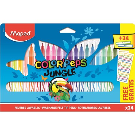 Maped - Feutres Jungle Color’Peps - 24 Feutres de Coloriage - 24 Étiquettes Prénom offertes - Lavables et Résistants au Séchage