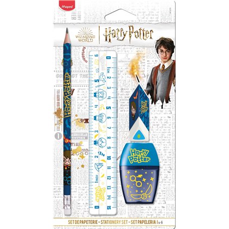 Maped - Set de Papeterie 4 Pièces - 1 Règle Transparente 15cm + 1 Taille-Crayons 1 Trou + 1 Gomme + 1 Crayon Papier HB - Licence