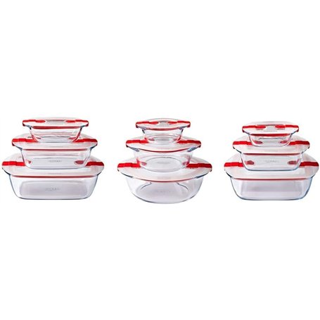 Pyrex Cook & Heat - Lot de 9 Boites - Tailles et Formes Différentes - Verre Borosilicate - Couvercle Hérmétique spécial Micro-On