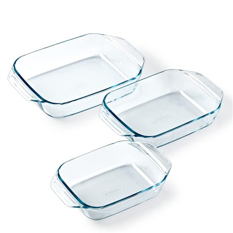 Pyrex - Lot de 3 Plats à Four Rectangulaires - Idéal 2 à 6 personnes - 3 Tailles - Verre Borosilicate - Larges Poignées - Résist