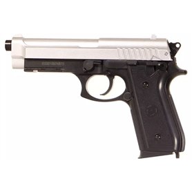 CyberGun Pistolet Airsoft- PT92 Bicolore modèle à Ressort(Spring)-Couleur:Noir/Argent-Culasse métal-Puissance 0.5 Joule 220 mm