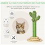 PawHut Arbre à Chat griffoir Forme de Cactus en sisal Naturel avec Pompon Suspendu et Plateforme de Jeu Boules - Ø 32 x 60 cm - 