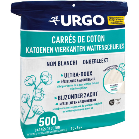 Urgo - Carrés de coton - x500 unités - FORMAT FAMILIAL - Ultra-doux Absorbants - Coton de qualité certifiée OEKO-TEX® Non Blanch
