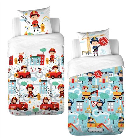 CÔTE DECO Parure de lit Enfant Réversible Pompier et travaux Housse de Couette 140x200cm + 1 taie d'oreiller 63x63cm 100% Coton