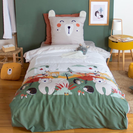 Parure de lit ours 140x200 cm enfant - Housse de Couette 140x200 cm + 1 Taie d'oreiller 63x63 cm motif animaux de la forêt vert