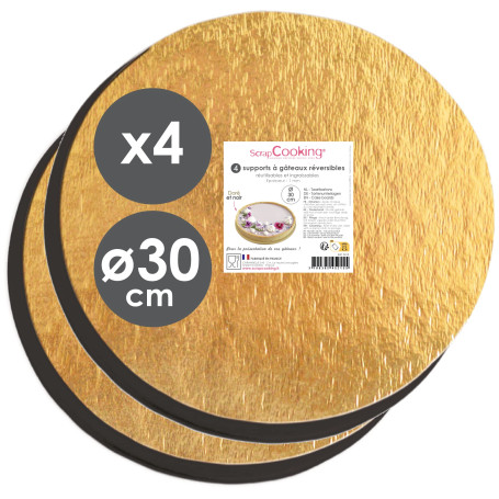 ScrapCooking - Kit de 4 Supports à Gâteaux Ronds Ø 30 cm - Carton Réversible Doré & Noir - Grand Plateau Gâteau XXL - Disque Des