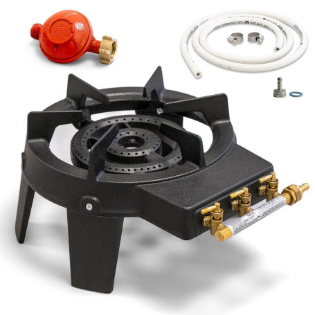 PROWELTEK - Rechaud à gaz en Fonte véritable 4 pieds 2 bruleurs + Tuyau gaz flexible 1.50m + Détendeur Propane TRIGLAV 9800