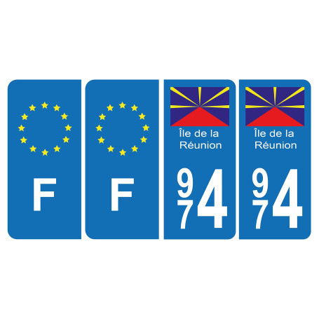 HADEXIA Lot de 4 Autocollants Plaque d'immatriculation 974 Ile Réunion BIS & F Europe