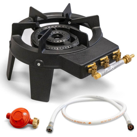 PROWELTEK - Rechaud à gaz en Fonte véritable 4 pieds 2 bruleurs + Tuyau gaz à vis 1.50m + Détendeur Propane TRIGLAV 9800
