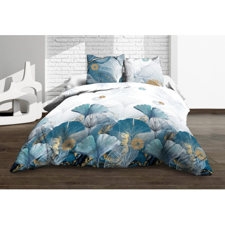 Le linge de Jules Housse de Couette 240x260 + 2 taies - Pur Coton 57 Fils - Ginko Bleu