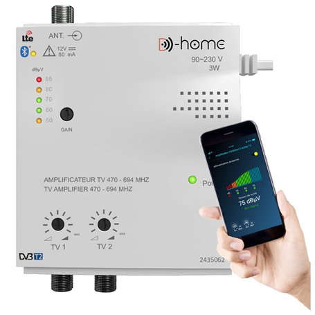D-Home - Amplificateur TV TNT Intérieur 2 Sorties 32dB Connecté Filtré 4G-5G - Fonctionne avec App Mobile TV Finder pour Trouver