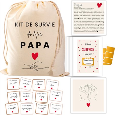Kit de Survie pour Futur Papa - Boîte à Papa Cadeau de Naissance - Pochon en Coton Bio avec Cartes à Gratter & Bons Joker - Idéa