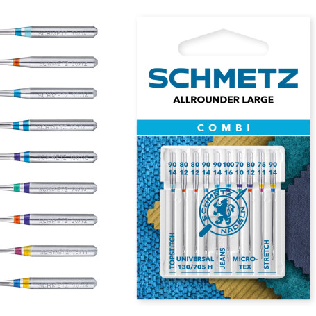 SCHMETZ | 10 Aiguilles pour machines à coudre | Combi-Box Allrounder Large | 130/705 H XWS | Assortments | Universal/Jeans/Stret