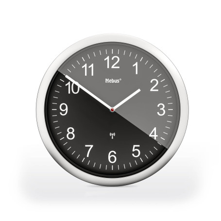 Mebus Horloge Murale Radio-pilotée 26 cm silencieuse Facile à Lire Cadre argenté Cadran Noir Modèle 19812 - Clair et Silencieux