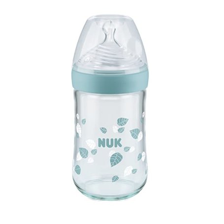 NUK Nature Sense Biberon en verre avec tétine en silicone avec trou d'alimentation moyen (0-6 mois) Vert 240 ml