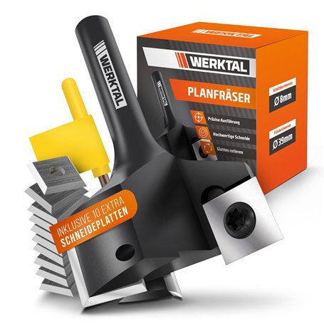 WERKTAL Fraise plate 8 mm de diamètre [39 mm de diamètre] – Fraise de rabotage précise avec 10 plaques de coupe réversibles supp