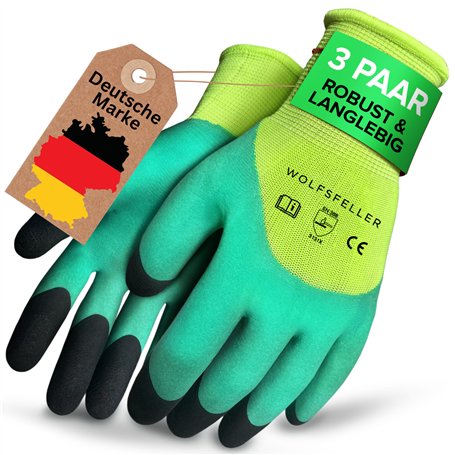 WOLFSFELLER 3 paires de gants de jardinage robustes et confortables pour femme et homme - Taille 8 - Gants de jardinage - Gants