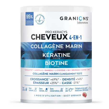 PROKERACYS Cheveux 4 en 1 GRANIONS | Complement Alimentaire Cheveux - Collagene Marin, Biotine, Selenium, Keratine, Zinc, Vitami