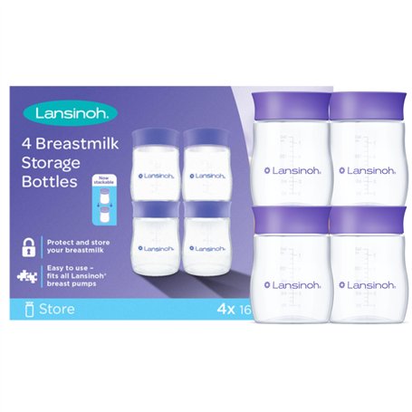 Lansinoh Biberons 4 x 160 ml - pour conserver le lait maternel en toute sécurité - Nouveau design compact pour une meilleure sta