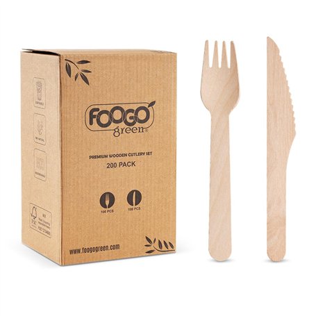 FOOGO Green 200pcs Set Fourchettes et Couteaux en Bois Jetables