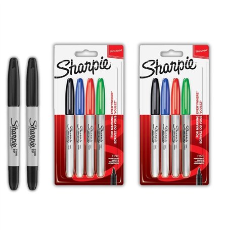 Sharpie Marqueurs permanents Pointe fine | Couleurs standard assorties | 4 pièces (paquet de 2) + Twin Tip noir (paquet de 2)