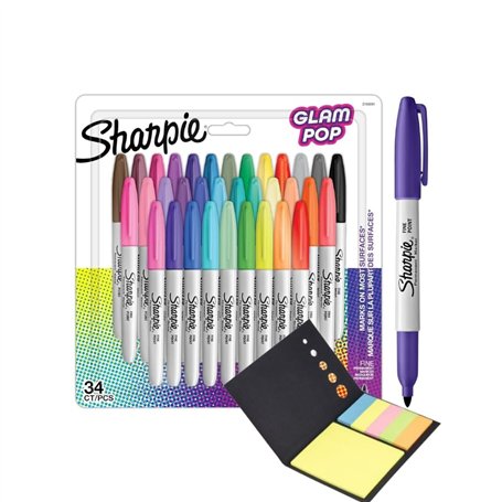 SHARPIE Marqueurs permanents Fine Glam Pop en 34 couleurs et notes adhésives