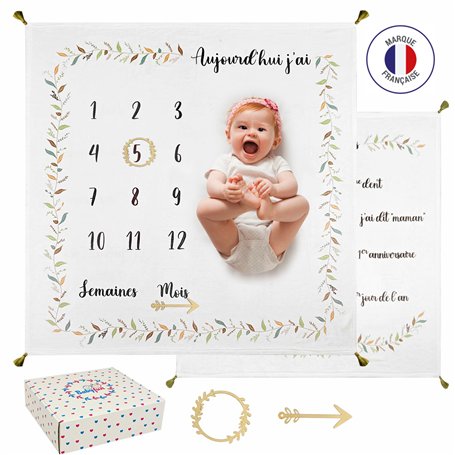 Babyfun Couverture Etape Bebe Imprimée Double Face – Tapis Mois Bebe en Français - Tapis Photo Bebe Mois - Cadeau Naissance Fill