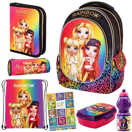 Goldkids Lot de 7 cartables - Trousse à pain - Boîte à pain - Cahier de tâches - Motif arc-en-ciel - Convient dès la première cl