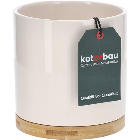 KOTARBAU® Pot de fleurs cylindrique en céramique Blanc Ø 13 cm avec base en bambou