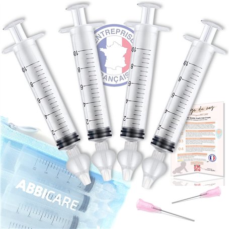 Mouche bébé seringue nasale 10ml ABBICARE™ sans BPA-CE | Kit 4 seringues avec embouts silicone + 2 pointes de remplissage et gui