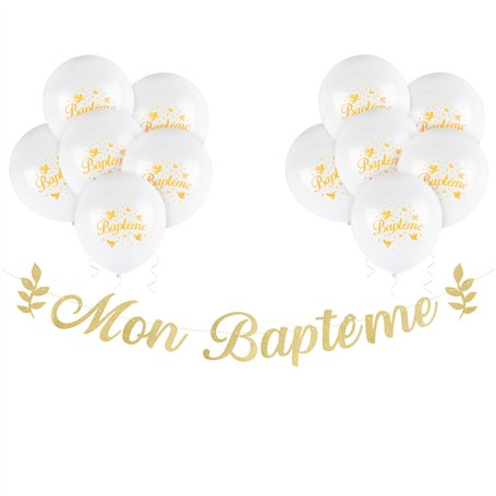 12 Ballons Mon Baptême et Bannière Banderole Pailleté Papier Baby Shower Guirlande Bunting Banner DIY Décoration Suspendue Festo