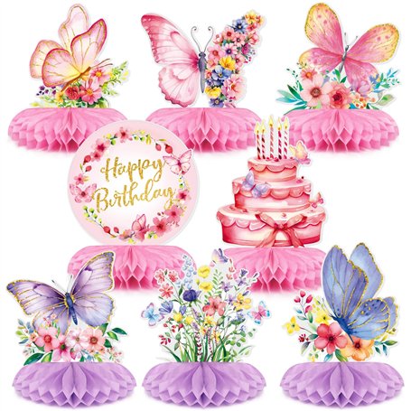 BETESSIN Lot de 8 Décoration Table Anniversaire Motif Papillons Fleurs Gâteau d'Anniversaire Centres de Table en Nid d'Abeille p