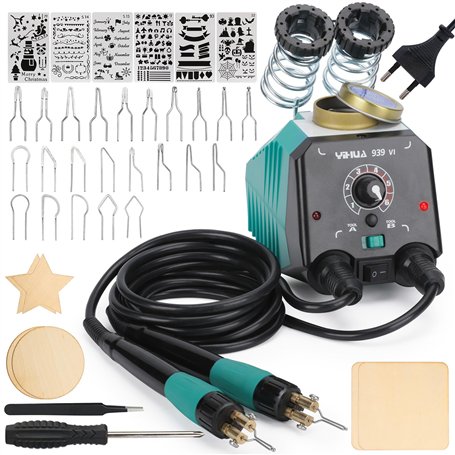 YIHUA 939-VI Kit de Pyrograveur sur Bois à Deux Stylos avec 23 Pointes en Fil de Formes Variées Stylo de Pyrogravure Détachable