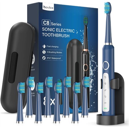 Brosses à Dents Électriques Soniques Adultes avec 8 Têtes - Brosse à Dents Électrique 5 Modes avec étui